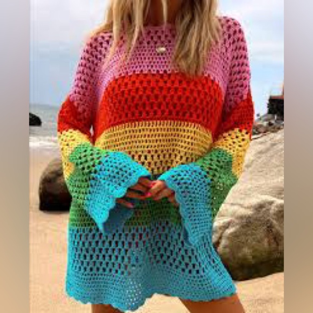Show Me Your Mumu Rainbow Crochet Swim Coverup - Pink, Red, Yellow, Green, Blue